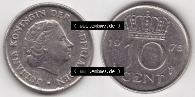 Münzen Niederlande / Netherlands Eurovorläufer, Umlaufmünze vor Euroeinführung 1950-1980, 10 Cent 1975 (3) Sammlung