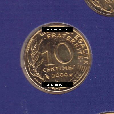 Münzen Frankreich Eurovorläufer, Umlaufmünze vor Euroeinführung 2000, 10 Centimes. Vorderseite einer Münze aus Europa als... Sammlung