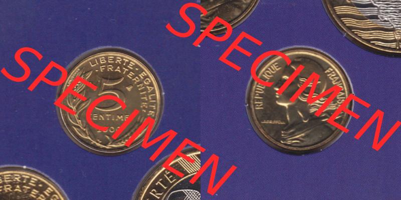 Münzen Frankreich Eurovorläufer, Umlaufmünze vor Euroeinführung 2000, 5 Centimes. Vorderseite und Rückseite Nebeneinander einer Münze aus Europa als Digitales... Sammlung