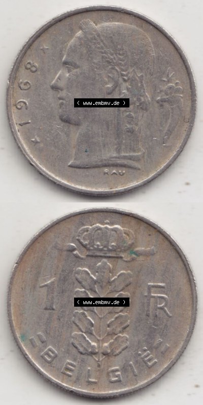 Münzen Belgien Eurovorläufer, Umlaufmünze vor Euroeinführung 1950-1988, 1 Francs-Franken 1968 Belgie (4) Sammlung