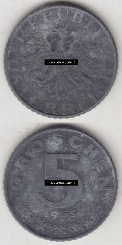 Münzen Österreich / Austria Eurovorläufer, Umlaufmünze vor Euroeinführung 1948-1994, 5 Groschen 1955 (4) Sammlung
