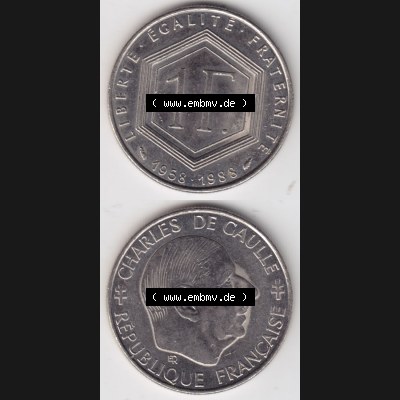 Münzen Frankreich Eurovorläufer, Umlaufmünze vor Euroeinführung 1988-1988, 1 Francs, Franken 1988. Vorderseite und Rückseite Vertikal Untereinander,... Sammlung