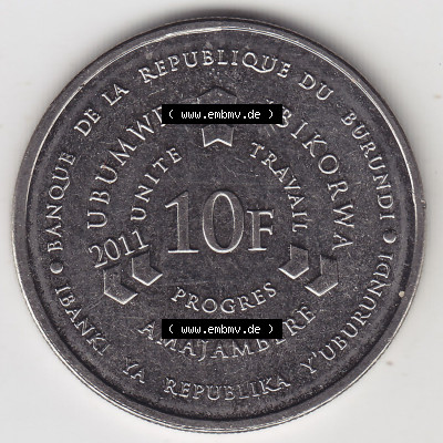 Münzen aus Afrika Burundi Umlaufmünze 2011-2011, 10 France Franken 2011 (2) Sammlung