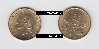 Münzen Italien / Italia Eurovorläufer, Umlaufmünze vor Euroeinführung 1956-2001, 20 Lira bzw. Lire 1991 (3) Sammlung