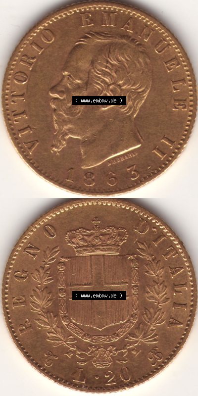 Münzen Italien / Italia Eurovorläufer, Umlaufmünze vor Euroeinführung 1861-1870, 20 Lire Vittorio Emanuele I. Goldmünze 1863... Sammlung