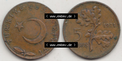Münzen Türkei / Türkiye Eurovorläufer, Umlaufmünze vor Euroeinführung 1969-1973, 5 Kurus 1971 (3) Sammlung