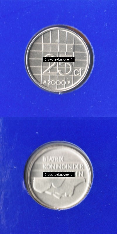 Münzen Niederlande / Netherlands Eurovorläufer, Umlaufmünze vor Euroeinführung 1982-2000, 25 Cent 2000 (4) Sammlung