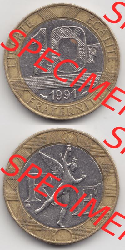 Münzen Frankreich Eurovorläufer, Umlaufmünze vor Euroeinführung 1991, 10 Francs. Vorderseite und Rückseite Vertikal Untereinander, passend für Mobile-Geräte,... Sammlung
