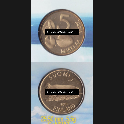 Münzen Finnland / SUOMI Eurovorläufer, Umlaufmünze vor Euroeinführung 2001, 5 Markkaa, Mark. Rückseite und Vorderseite vertikal untereinander für... Sammlung
