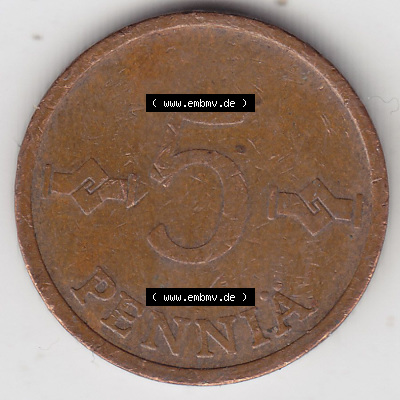Münzen Finnland / SUOMI Eurovorläufer, Umlaufmünze vor Euroeinführung 1963-1977, 5 Penniä. Vorderseite einer Münze aus Finnland... Sammlung