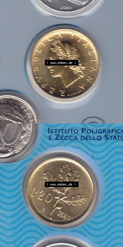 Münzen Italien / Italia Eurovorläufer, Umlaufmünze vor Euroeinführung 1956-2001, 20 Lira-Lire Kleinmünze 2001 (4) Sammlung