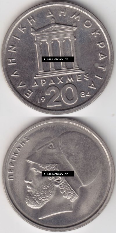 Münzen Griechenland Eurovorläufer, Umlaufmünze vor Euroeinführung 1984, 20 Apaxmee, Drachmen. VS+RS auf einen Bild/Foto,,... Sammlung