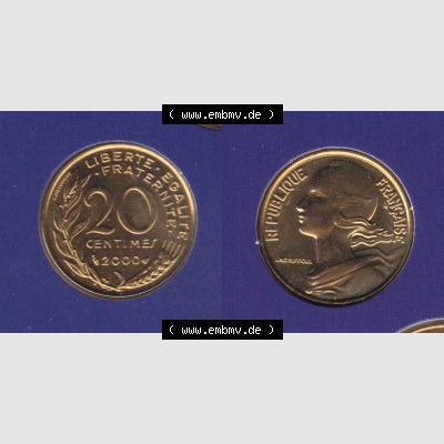 Münzen Frankreich Eurovorläufer, Umlaufmünze vor Euroeinführung 2000, 20 Centimes. Vorderseite und Rückseite Nebeneinander einer Münze aus Europa als Digitales... Sammlung