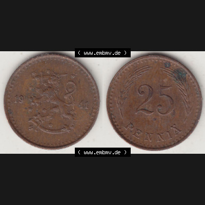 Alte Münzen Finnland, inoffizieller privater Kursmünzensatz / KMS - Zusammenstellung, mit Münze 1940-1943, 25 Penny, Penniä Lupfer 1941-1. Rückseite... Sammlung