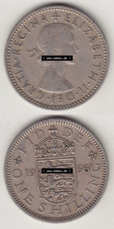 Münzen Großbritannien Eurovorläufer, Umlaufmünze vor Euroeinführung 1954-1970, 1 Schilling - Shilling, 1956 (Stück 1) Wappen... Sammlung