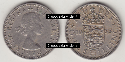 Münzen Großbritannien Eurovorläufer, Umlaufmünze vor Euroeinführung 1954-1970, 1 Schilling - Shilling, 1955 (Stück 1) Wappen... Sammlung