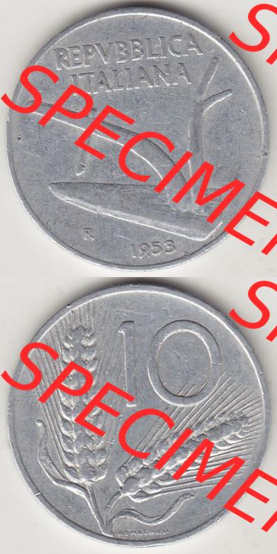 Münzen Italien / Italia Eurovorläufer, Umlaufmünze vor Euroeinführung 1951-2001, 10 Lire 1953-2. Vorderseite und Rückseite Vertikal Untereinander,... Sammlung