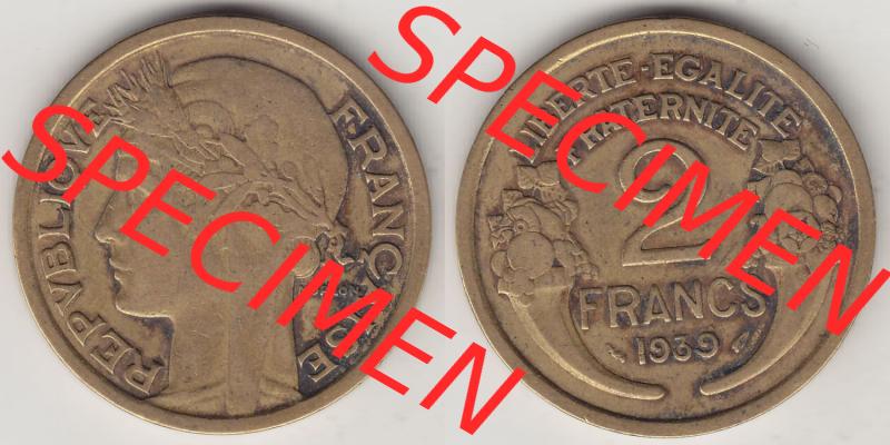 Münzen Frankreich Eurovorläufer, Umlaufmünze vor Euroeinführung 1931-1941, 2 Franken 1939-1 LIBERTE EGALITE FRATERNITE. Rückseite und Vorderseite horizontal... Sammlung