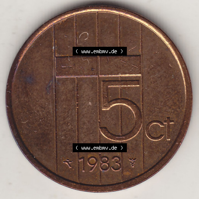 Münzen Niederlande / Netherlands Eurovorläufer, Umlaufmünze vor Euroeinführung 1982-2001, 5 Ct Cent 1983 (Stück 2) Königin... Sammlung