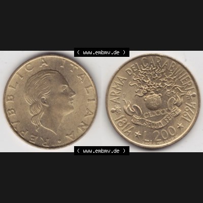Münzen Italien / Italia Eurovorläufer, Gedenkmünze vor Euroeinführung 1994-1994, 200 Lire 180 Jahre Carabinieri. Rückseite und Vorderseite horizontal nebeneinander... Sammlung