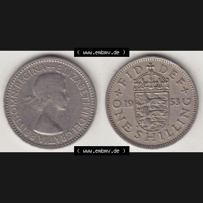 Münzen Großbritannien Eurovorläufer, Umlaufmünze vor Euroeinführung 1954-1970, 1 Schilling - One Shilling, 1953-1 Wappen mit drei Löwen. Vorderseite... Sammlung