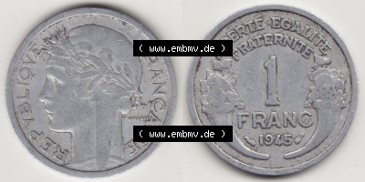 Münzen Frankreich Eurovorläufer, Umlaufmünze vor Euroeinführung 1941-1959, 1 Franken - Francs 1945. Vorderseite und Rückseite... Sammlung