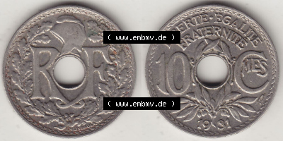 Rückseite und Vorderseite horizontal nebeneinander zusammengefügt, als Bildmaterial einer 10 Cmes / Centimes / Cent Münze aus... Sammlung