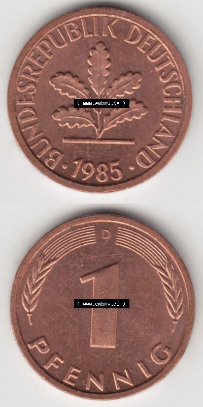 Münzen Deutschland 1 Pfennig-Deutsche Mark 1950-2001, 1 Pfennig 1985 D. Vorderseite und Rückseite in vertikaler Ansicht, einer... Sammlung