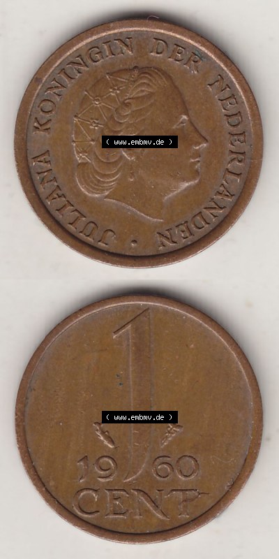 Münzen Niederlande / Netherlands Eurovorläufer, Umlaufmünze vor Euroeinführung 1950-1980, 1 Cent 1960 JULIANA (4) Sammlung