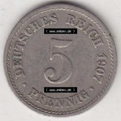 Münzen Deutschland 1871-1918 Kaiserreich 1890-1915, 5 Pfennig A, 1907 I. (1) Sammlung