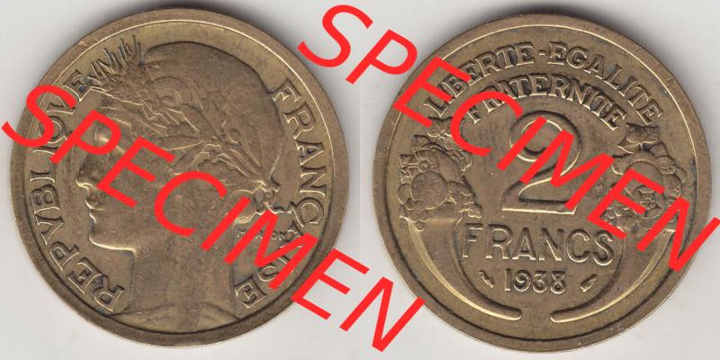 Münzen Frankreich Eurovorläufer, Umlaufmünze vor Euroeinführung 1931-1941, 2 Franken 1938-1 LIBERTE EGALITE FRATERNITE. Rückseite und Vorderseite horizontal... Sammlung
