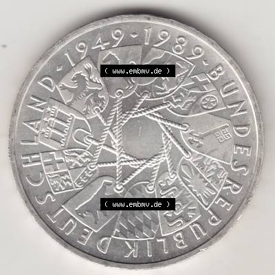 Münzen Deutschland 10 DM Silbermünze in 625er Silber 1989-1989, 10 DM Deutsche Mark, 40 Jahre BRD, Bundesrepublik Deutschland. Rückseite einer 10 DM-Silber Gedenkmünze... Sammlung