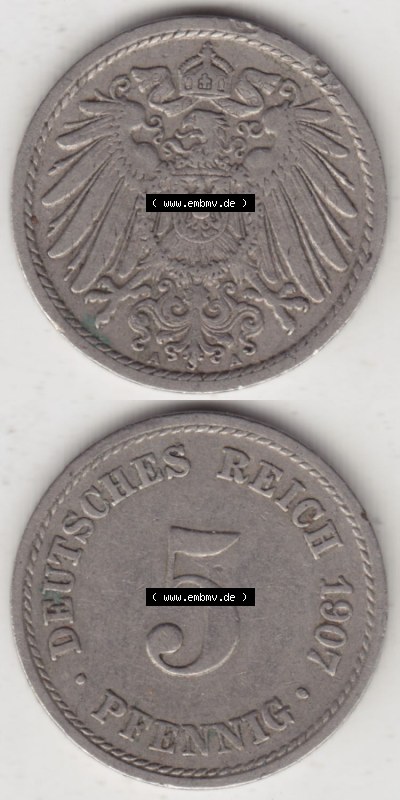 Münzen Deutschland 1871-1918 Kaiserreich 1890-1915, 5 Pfennig A, 1907 I. (4) Sammlung