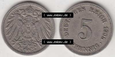 Münzen Deutschland 1871-1918 Kaiserreich 1890-1915, 5 Pfennig A, 1908 II (3) Sammlung