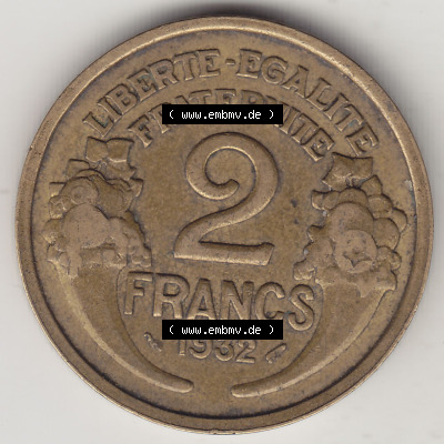 Münzen Frankreich Eurovorläufer, Umlaufmünze vor Euroeinführung 1931-1941, 2 Franken 1932 (Stück 2) LIBERTE EGALITE FRATERNITE.... Sammlung