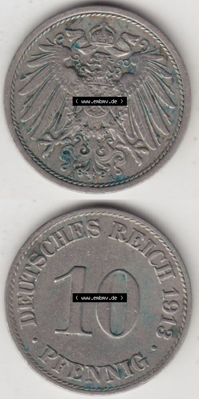 Münzen Deutschland 1871-1918 Kaiserreich 1890-1916, 10 Pfennig A, 1913 I. (4) Sammlung