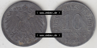 Münzen Deutschland 1918-1932 Weimarer Republik 1917-1922, 10 Pfennig Reichsadler, Keine Prägestätte 1921 II (3) Sammlung