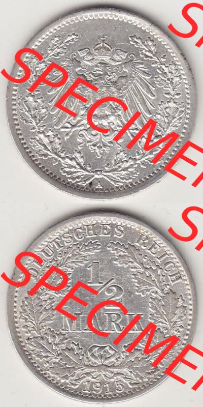 Münzen Deutschland 1871-1918 Kaiserreich Silbermünze 1905-1919, 1/2 Mark A 1915. Vorderseite und Rückseite Vertikal Untereinander, passend für Mobile-Geräte,... Sammlung