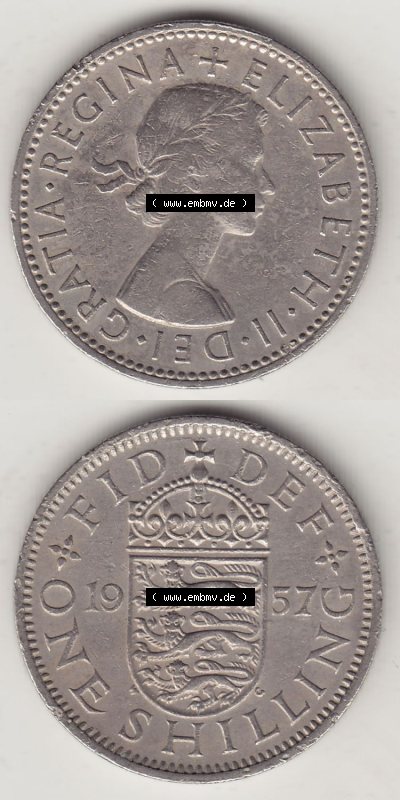 Münzen Großbritannien Eurovorläufer, Umlaufmünze vor Euroeinführung 1954-1970, 1 Schilling - Shilling, 1957 (Stück 1) Wappen... Sammlung
