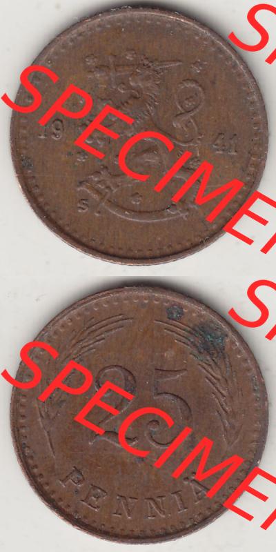 Alte Münzen Finnland, inoffizieller privater Kursmünzensatz / KMS - Zusammenstellung, mit Münze 1940-1943, 25 Penny, Penniä Lupfer 1941-1. Rückseite... Sammlung