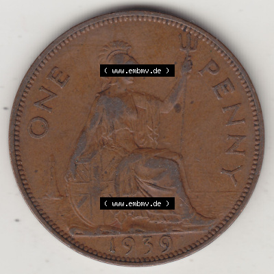 Münzen Großbritannien Eurovorläufer, Umlaufmünze vor Euroeinführung 1937-1948. 1 One Penny 1939 (Stück 1), George VI, GEORGIVS... Sammlung