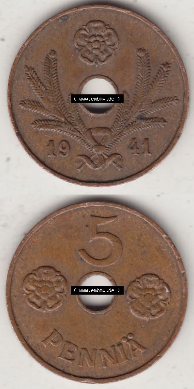 Alte Münzen Finnland, inoffizieller privater Kursmünzensatz / KMS - Zusammenstellung, mit Münze 1941-1943, 5 Penny, Penniä,... Sammlung