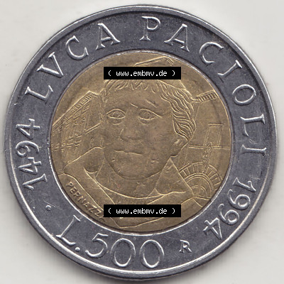 Münzen Italien / Italia Eurovorläufer, Gedenkmünze vor Euroeinführung 1994-1994, 500 Lire, 500. Geburtstag von Luca Pacioli... Sammlung