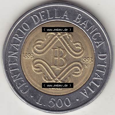 Münzen Italien / Italia Eurovorläufer, Gedenkmünze vor Euroeinführung 1993-1993, 500 Lire, 100 Jahre Bank von Italien (1893-1993), CENTENARIO DELLA... Sammlung