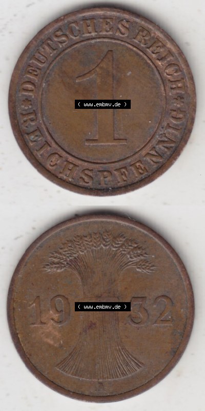 Münzen Deutschland 1918-1932 Weimarer Republik 1924-1936, 1 Reichspfennig A, 1932 (4) Sammlung