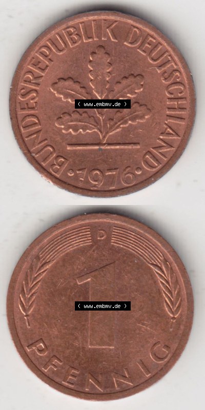 Münzen Deutschland 1 Pfennig-Deutsche Mark 1950-2001, 1 Pfennig 1976 D. Vorderseite und Rückseite in vertikaler Ansicht, einer... Sammlung
