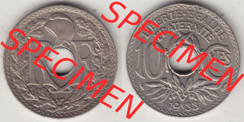 Alte Münzen Frankreich, Kursmünzensatz Zeitraum 1917-1952, der Münze 1917-1938, 10 Cmes, Centimes 1933-1. Rückseite und Vorderseite horizontal nebeneinander... Sammlung