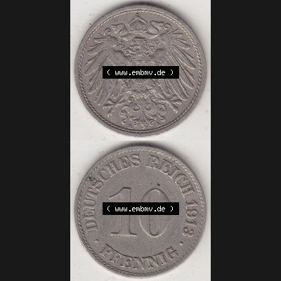 Münzen Deutschland 1871-1918 Kaiserreich 1890-1916, 10 Pfennig A, 1913 II (4) Sammlung