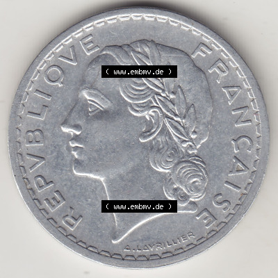 Alte Münzen Frankreich, Kursmünzensatz Zeitraum 1917-1952, der Münze 1945-1952, 5 Franken, Francs 1949 (Stück 1). Vorderseite... Sammlung