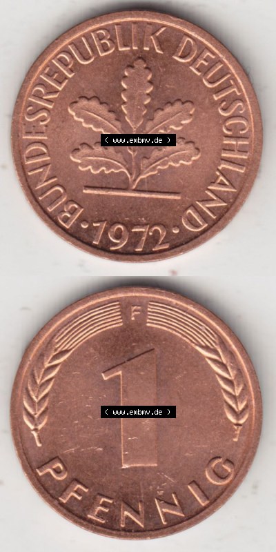 Münzen Deutschland 1 Pfennig-Deutsche Mark 1950-2001, 1 Pfennig 1972 F. Vorderseite und Rückseite in vertikaler Ansicht, einer... Sammlung